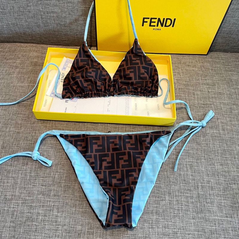 Affordable Fendi Reversible Triangular Bikini with Ties Women FF Motif Lycra Brown Sky Blue