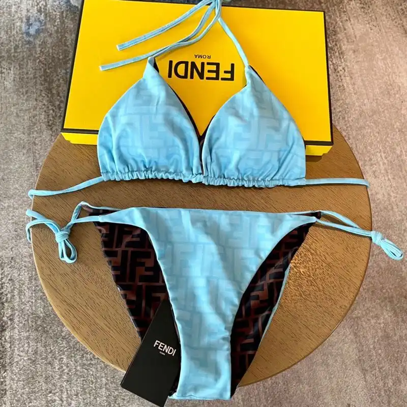 Affordable Fendi Reversible Triangular Bikini with Ties Women FF Motif Lycra Brown Sky Blue