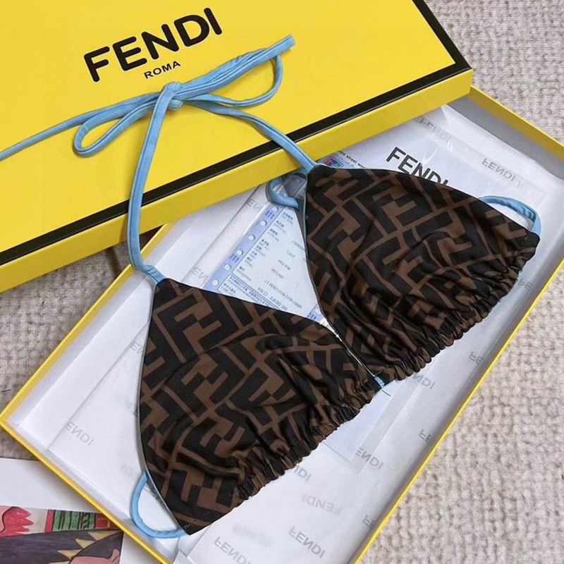 Affordable Fendi Reversible Triangular Bikini with Ties Women FF Motif Lycra Brown Sky Blue