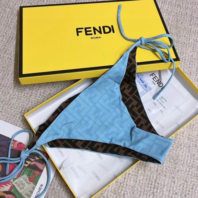 Affordable Fendi Reversible Triangular Bikini with Ties Women FF Motif Lycra Brown Sky Blue