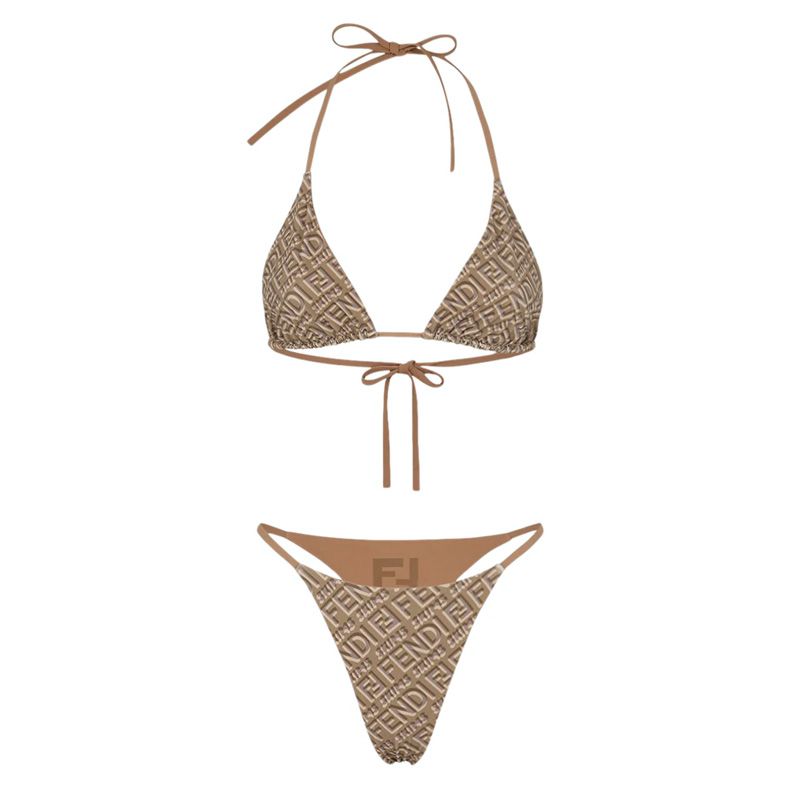 Affordable Fendi Reversible Triangular Bikini with Ties Women Skims Logo Motif Lycra Khaki Brown