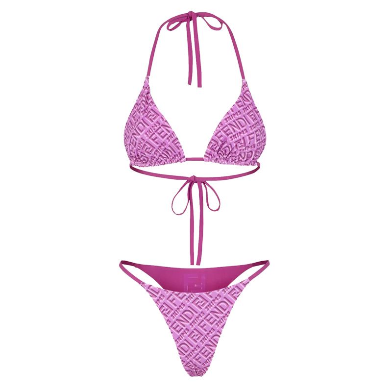 Affordable Fendi Reversible Triangular Bikini with Ties Women Skims Logo Motif Lycra Purple Rose