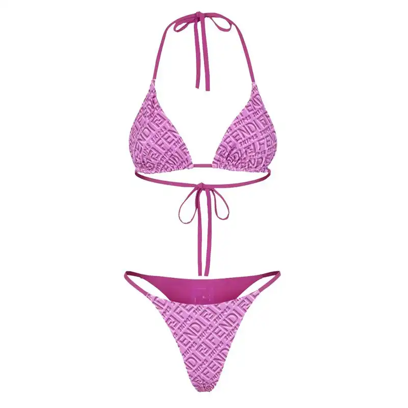 Fendi Reversible Triangular Bikini with Ties Women Skims Logo Motif Lycra Purple Rose