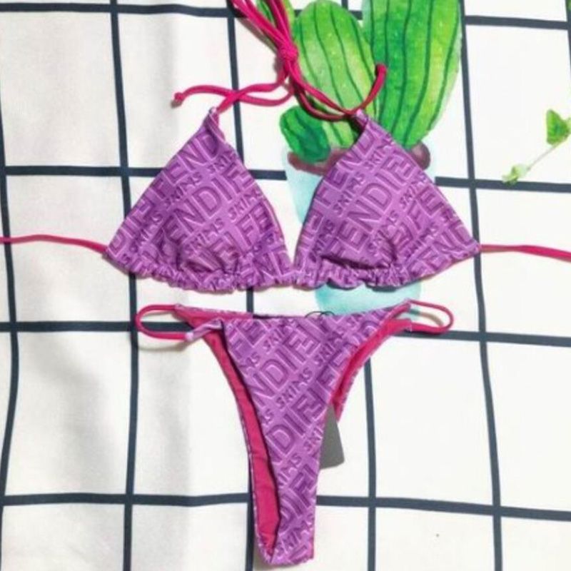 Affordable Fendi Reversible Triangular Bikini with Ties Women Skims Logo Motif Lycra Purple Rose