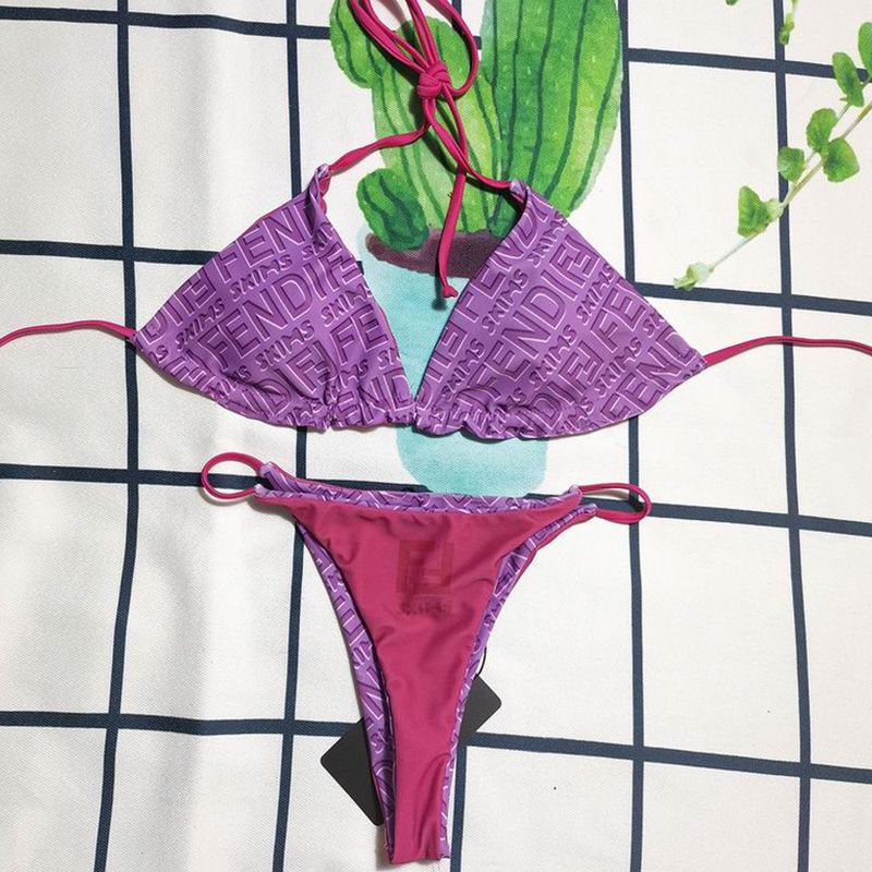 Affordable Fendi Reversible Triangular Bikini with Ties Women Skims Logo Motif Lycra Purple Rose