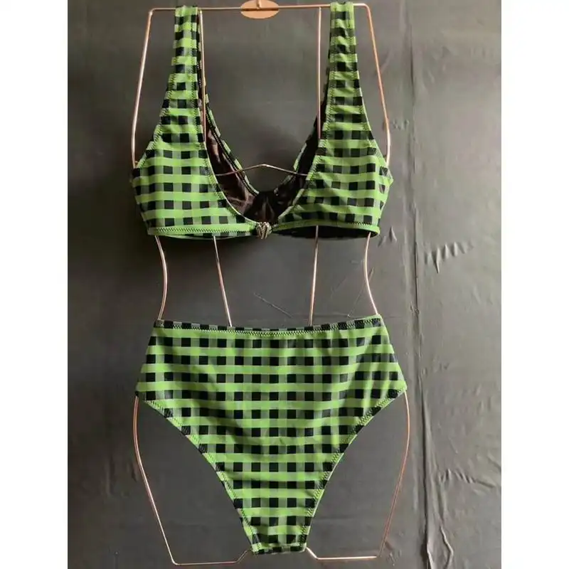 Cheap Fendi Reversible Underwear Set Women Checkered FF Motif Lycra Green Brown HOT SALE