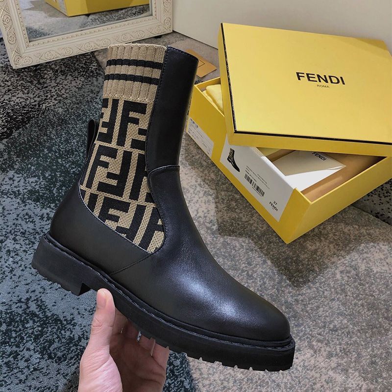 Affordable Fendi Rockoko Ankle Boots Women Leather with FF Motif Stretch Fabric Brown