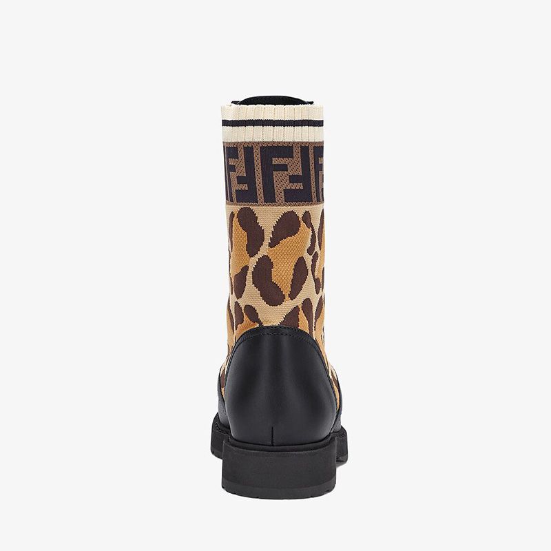 Affordable Fendi Rockoko Combat Boots Women Leather with Camo Motif Stretch Fabric Beige