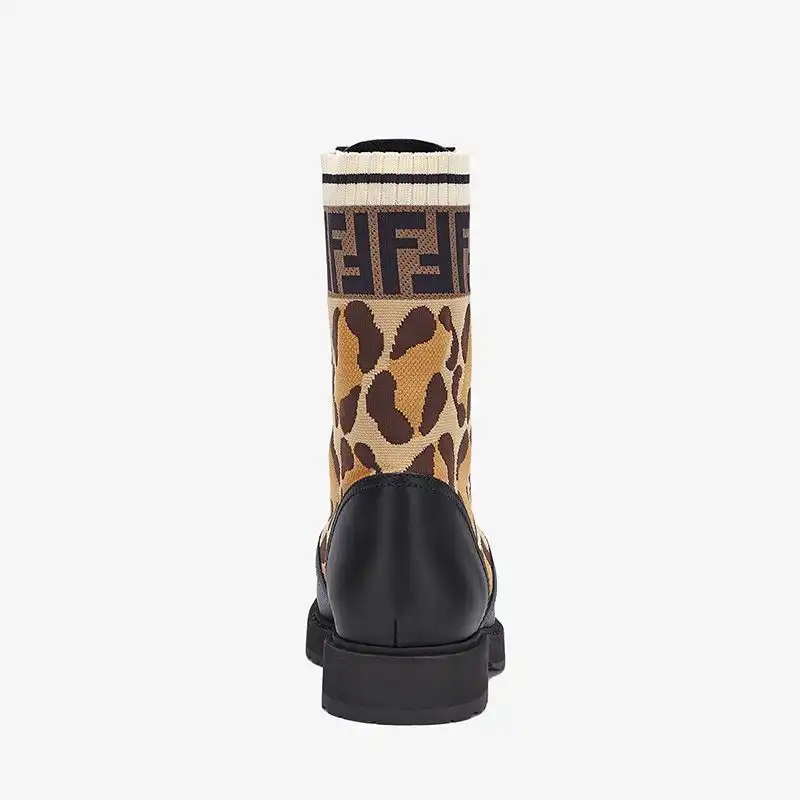 Cheap Fendi Rockoko Combat Boots Women Leather with Camo Motif Stretch Fabric Beige