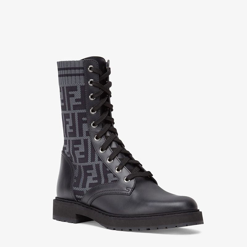 Affordable Fendi Rockoko Combat Boots Women Leather with FF Motif Stretch Fabric Black