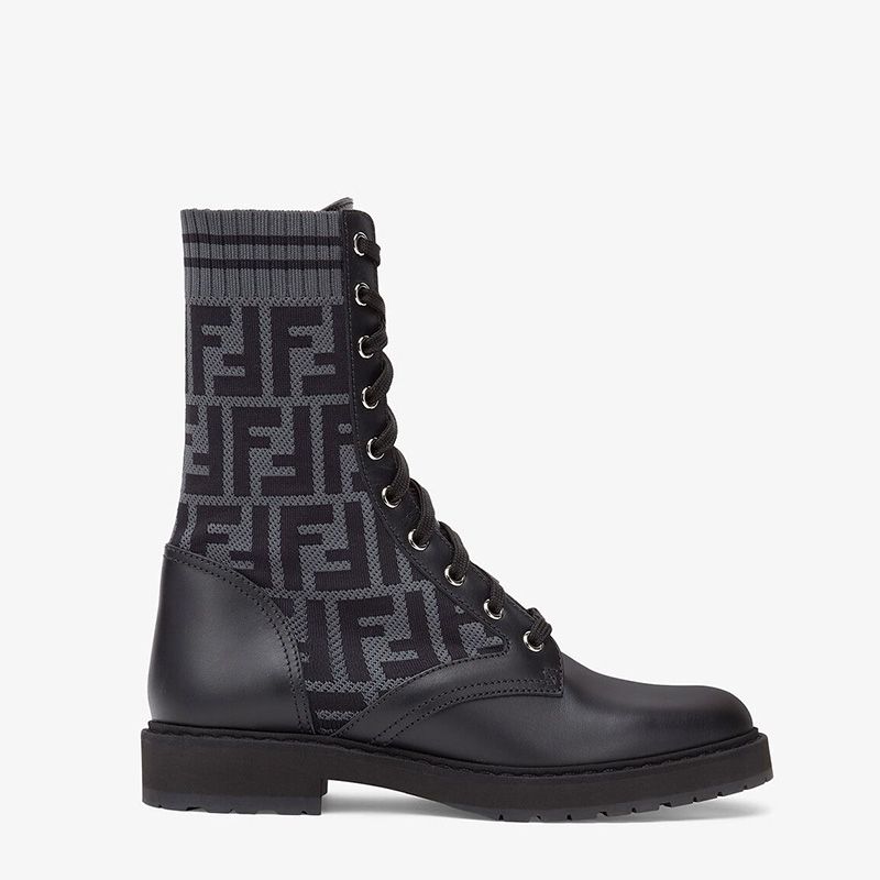 Affordable Fendi Rockoko Combat Boots Women Leather with FF Motif Stretch Fabric Black