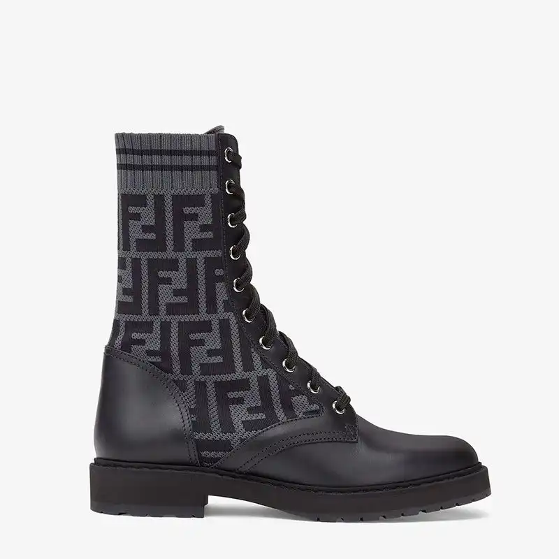 Cheap Fendi Rockoko Combat Boots Women Leather with FF Motif Stretch Fabric Black