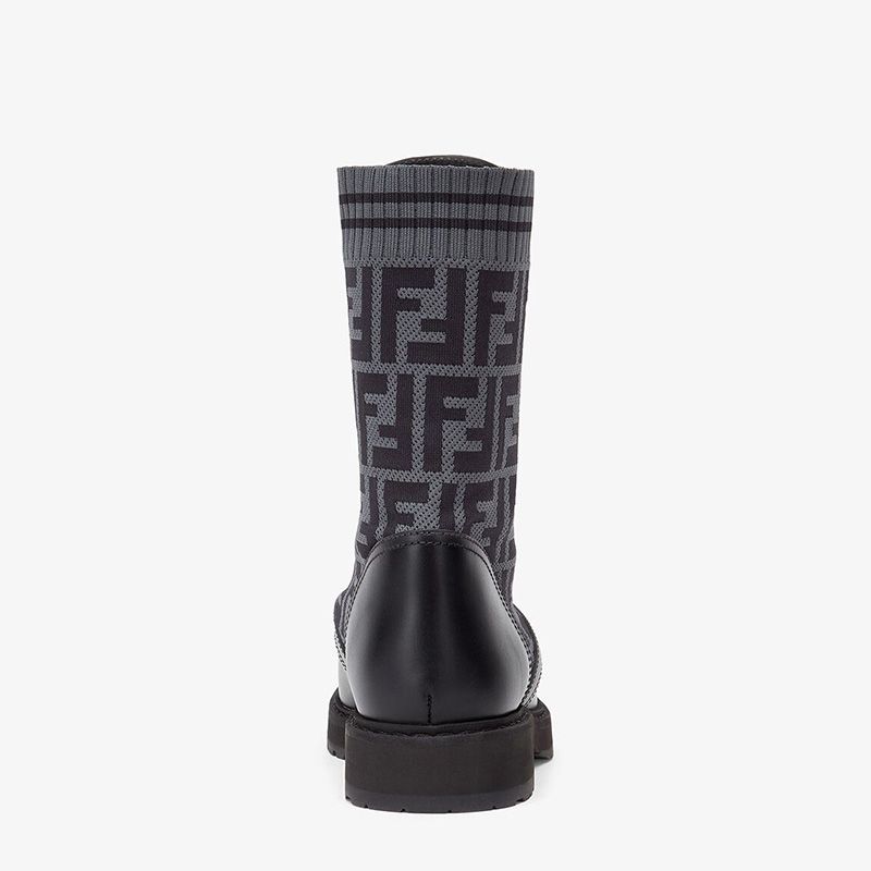 Affordable Fendi Rockoko Combat Boots Women Leather with FF Motif Stretch Fabric Black