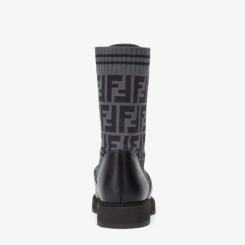 Cheap Fendi Rockoko Combat Boots Women Leather with FF Motif Stretch Fabric Black