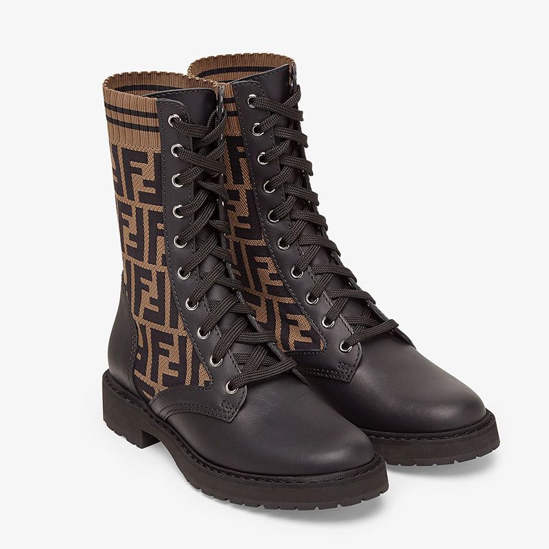 Affordable Fendi Rockoko Combat Boots Women Leather with FF Motif Stretch Fabric Brown