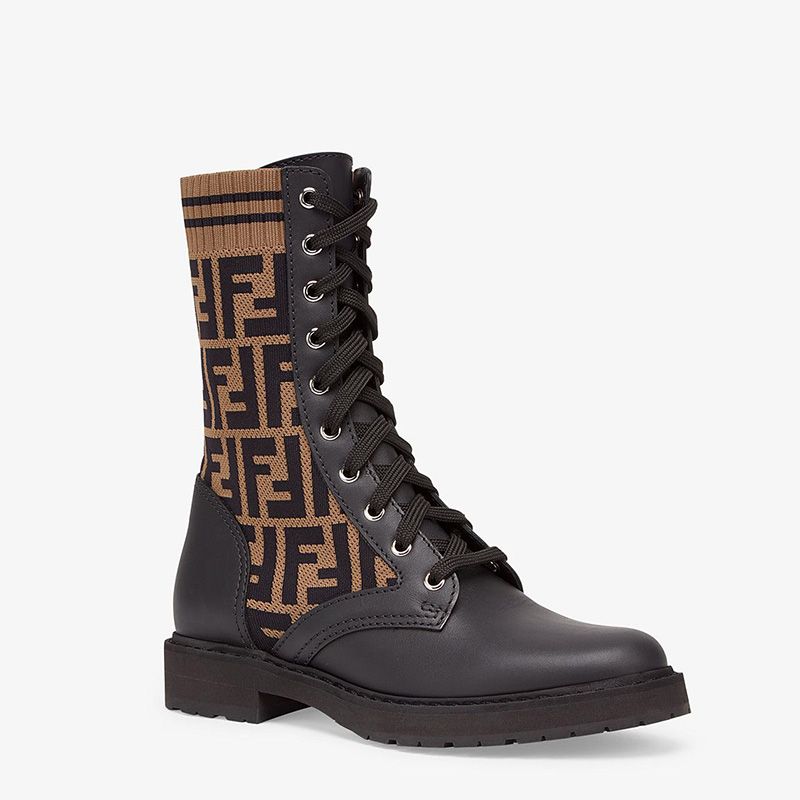 Affordable Fendi Rockoko Combat Boots Women Leather with FF Motif Stretch Fabric Brown