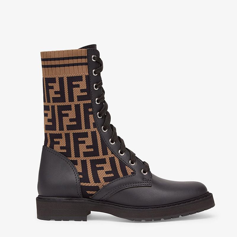 Affordable Fendi Rockoko Combat Boots Women Leather with FF Motif Stretch Fabric Brown