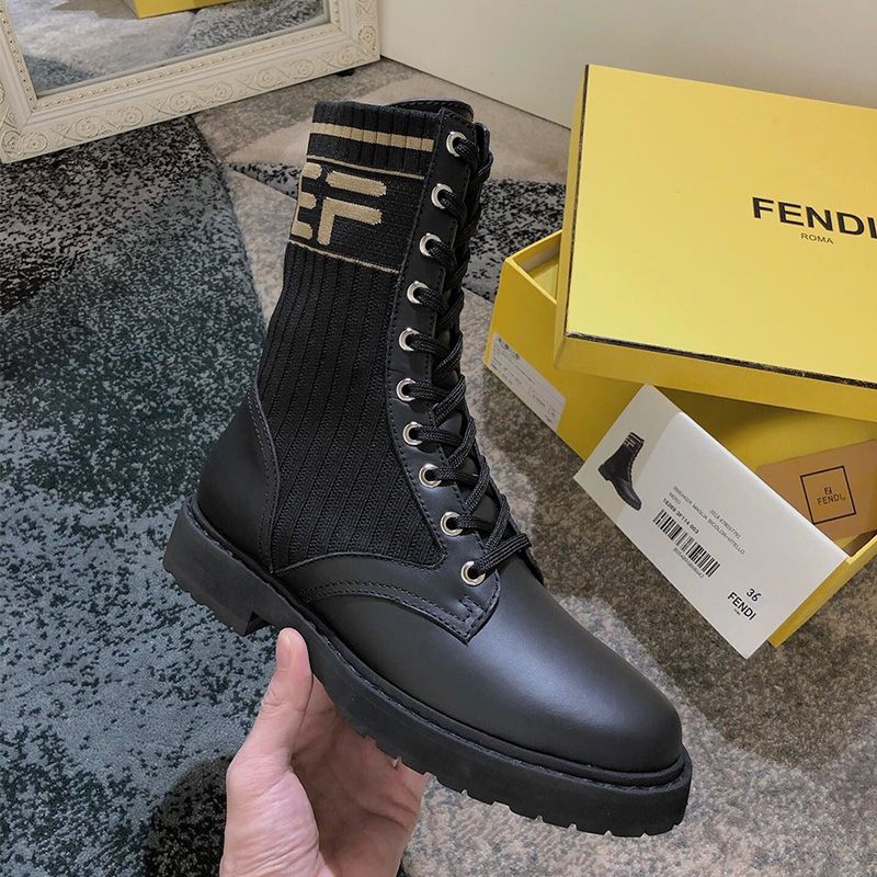 Affordable Fendi Rockoko Combat Boots Women Leather with FF Stripes Stretch Fabric Black