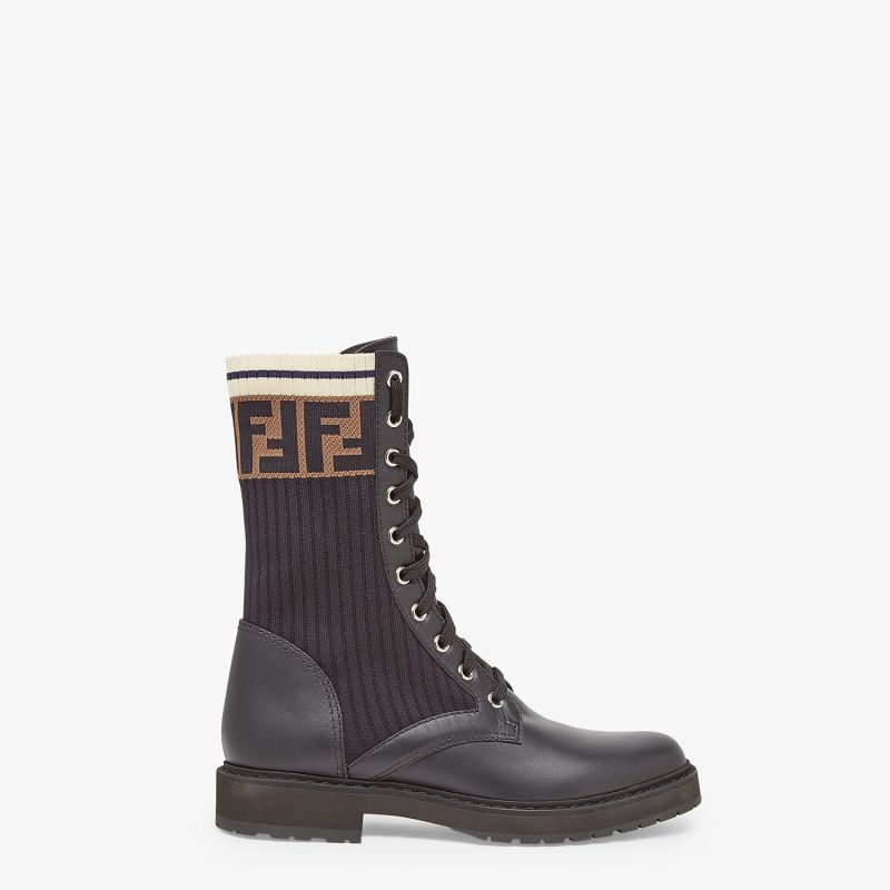 Affordable Fendi Rockoko Combat Boots Women Leather with FF Stripes Stretch Fabric Black White