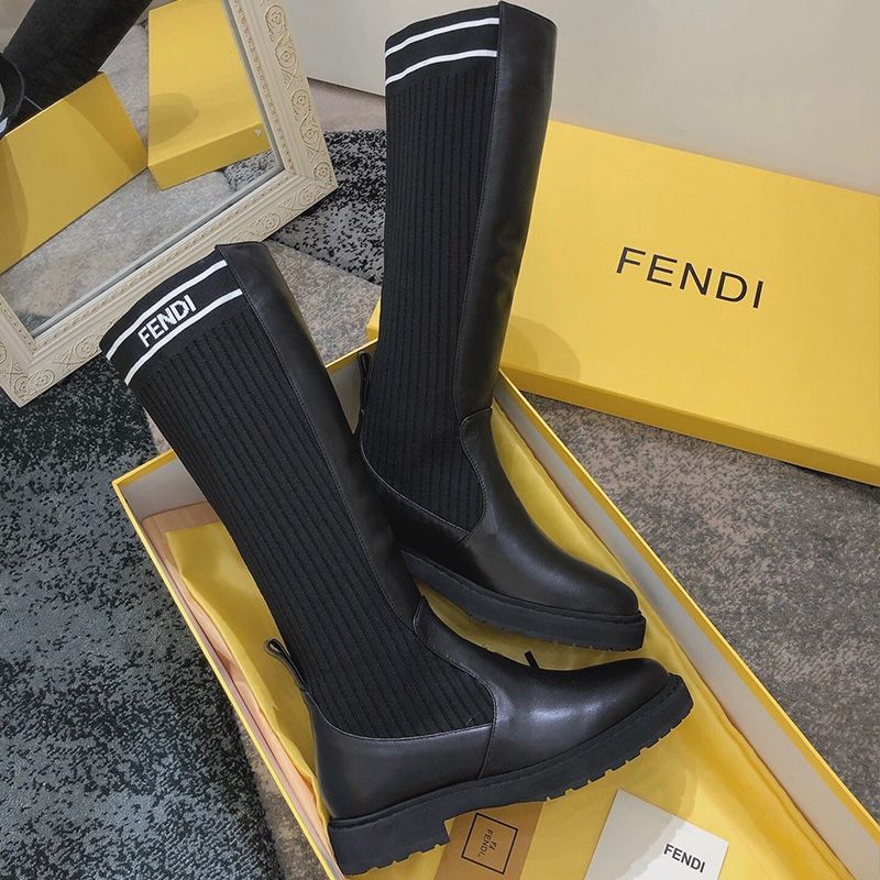 Affordable Fendi Rockoko High Ankle Boots Women Leather with FF Stripes Stretch Fabric Black White