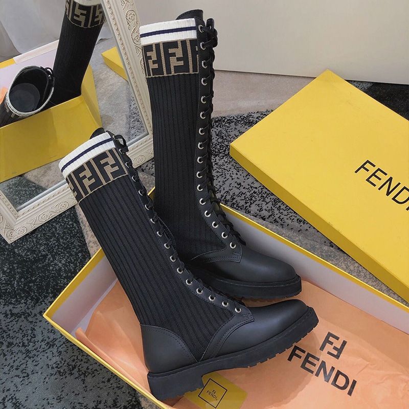 Affordable Fendi Rockoko High Combat Boots Women Leather with FF Stripes Stretch Fabric Black White