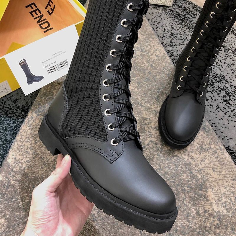 Affordable Fendi Rockoko High Combat Boots Women Leather with FF Stripes Stretch Fabric Black White