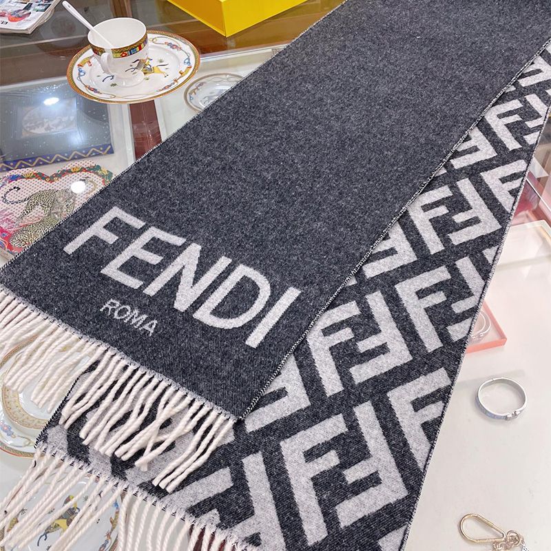 Affordable Fendi Roma Logo Scarf In Cashmere and Wool Black