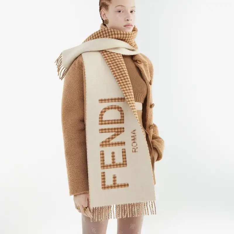 Affordable Fendi Roma Logo Scarf In Wool and Cashmere Beige