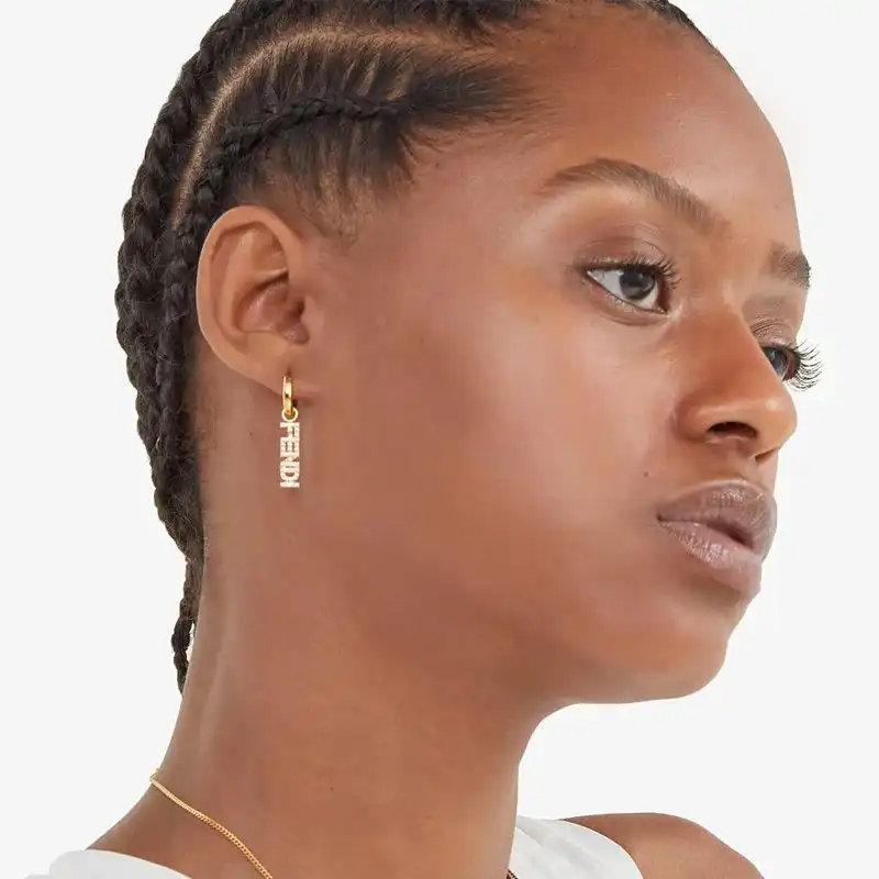 Affordable Fendi Signature Earrings In Crystal Metal Gold HOT SALE