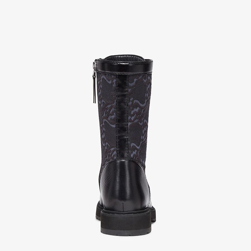 Affordable Fendi Signture Biker Boots Women Leather with FF Karligraphy Motif Fabric Black