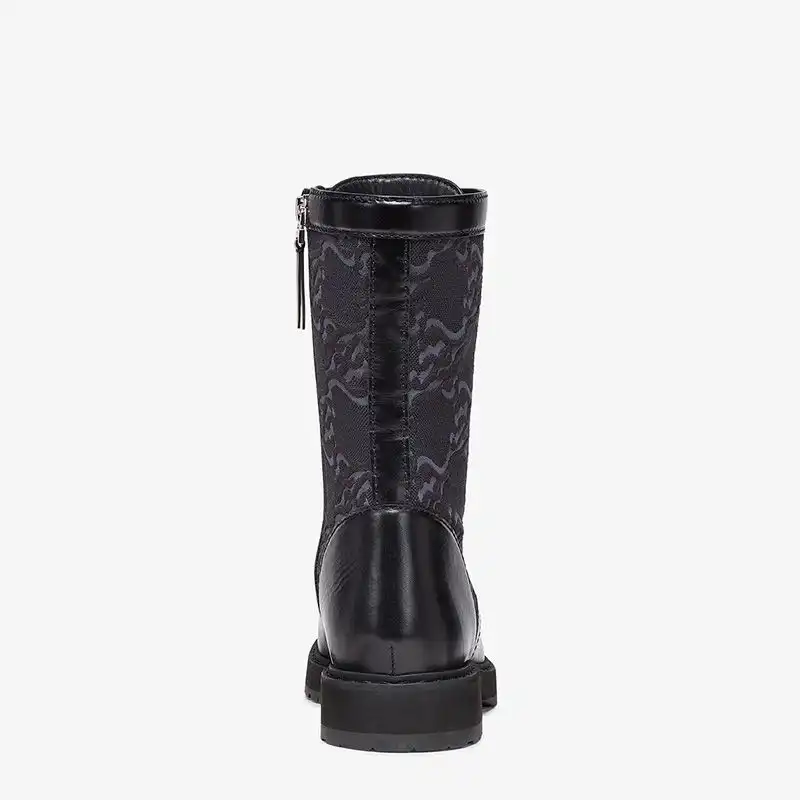 Cheap Fendi Signture Biker Boots Women Leather with FF Karligraphy Motif Fabric Black