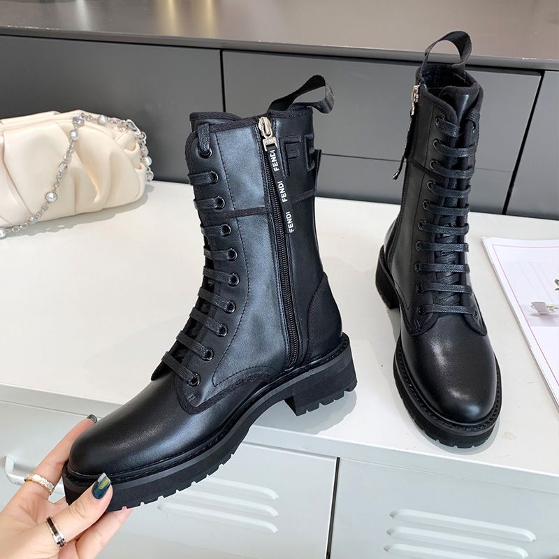 Affordable Fendi Signture Biker Boots Women Leather Black