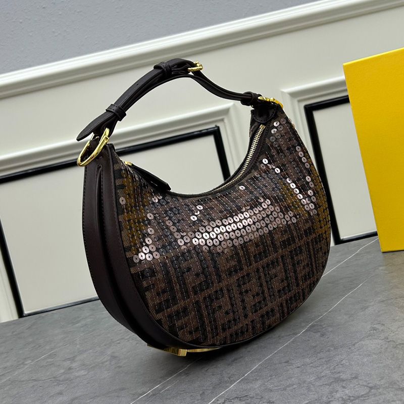 Affordable Fendi Small Fendigraphy Hobo Bag In FF Motif Fabric with Sequins Brown