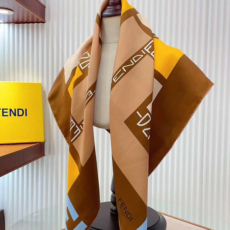 Affordable Fendi Square Scarf In Mix-Color FF Motif Silk Brown