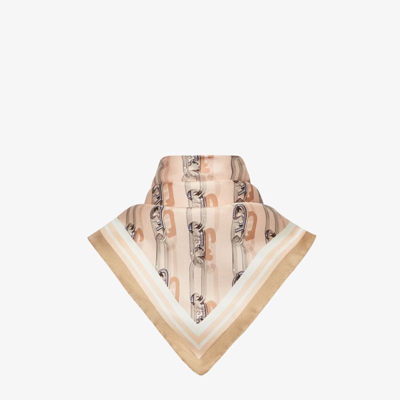 Affordable Fendi Square Scarf In O'Lock Chain Silk Beige