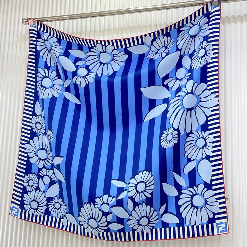 Affordable Fendi Square Scarf In Pequin Stripes Flowers Motif Silk Blue