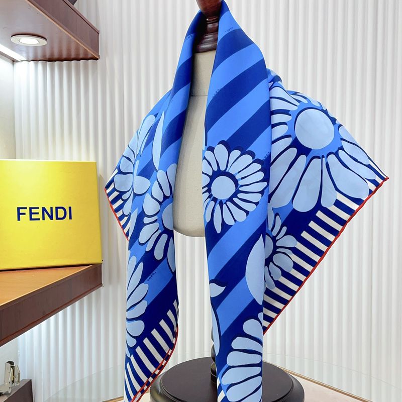 Affordable Fendi Square Scarf In Pequin Stripes Flowers Motif Silk Blue