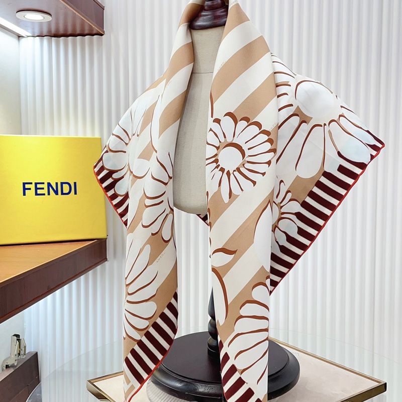 Affordable Fendi Square Scarf In Pequin Stripes Flowers Motif Silk cherry