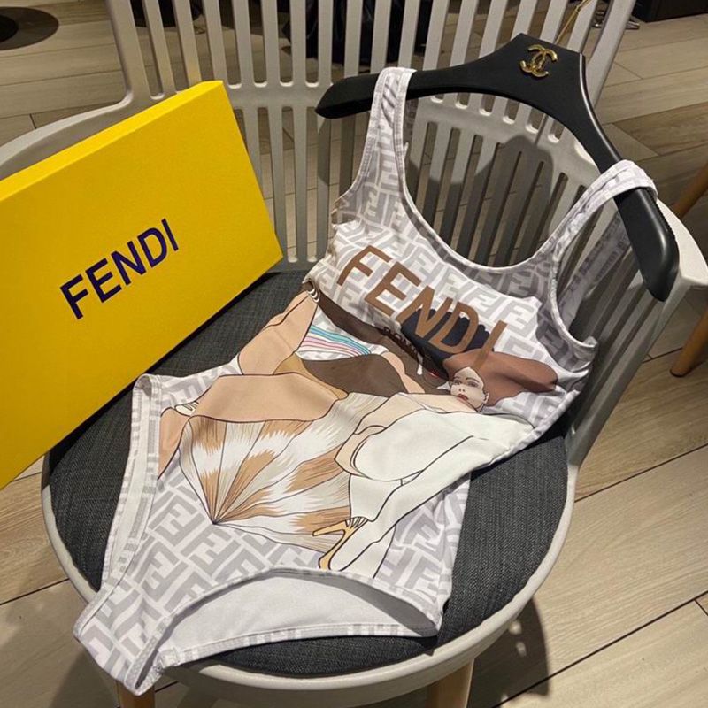 Affordable Fendi Swimsuit Women Girls Graphics FF Motif Lycra Grey