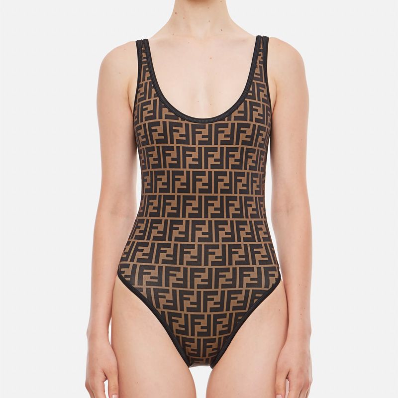 Affordable Fendi Swimsuit Women FF Motif Lycra Brown Black