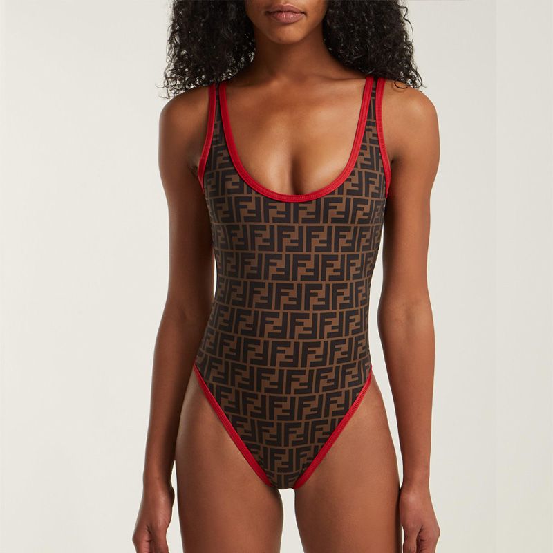 Affordable Fendi Swimsuit Women FF Motif Lycra Brown Red