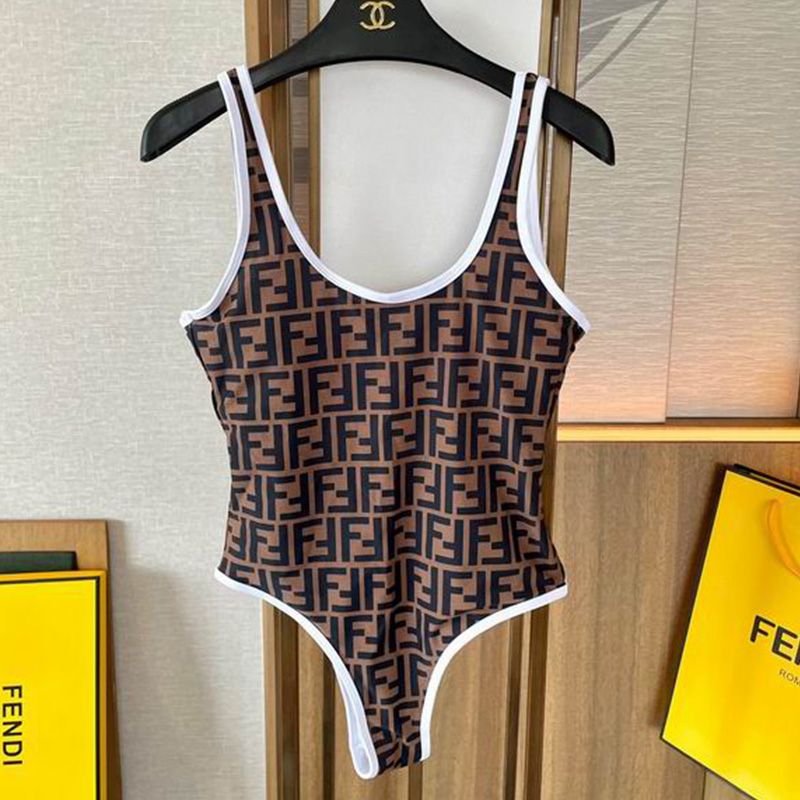 Affordable Fendi Swimsuit Women FF Motif Lycra Brown White