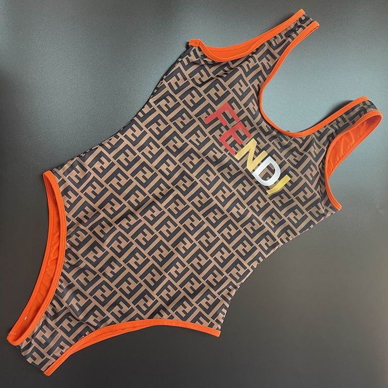 Affordable Fendi Swimsuit Women Logo FF Motif Lycra Brown Orange