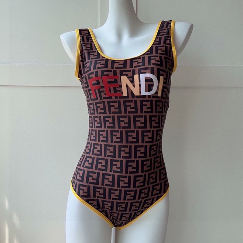 Affordable Fendi Swimsuit Women Logo FF Motif Lycra Brown Yellow