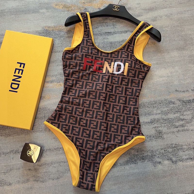 Affordable Fendi Swimsuit Women Logo FF Motif Lycra Brown Yellow