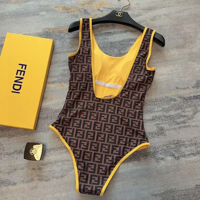 Affordable Fendi Swimsuit Women Logo FF Motif Lycra Brown Yellow