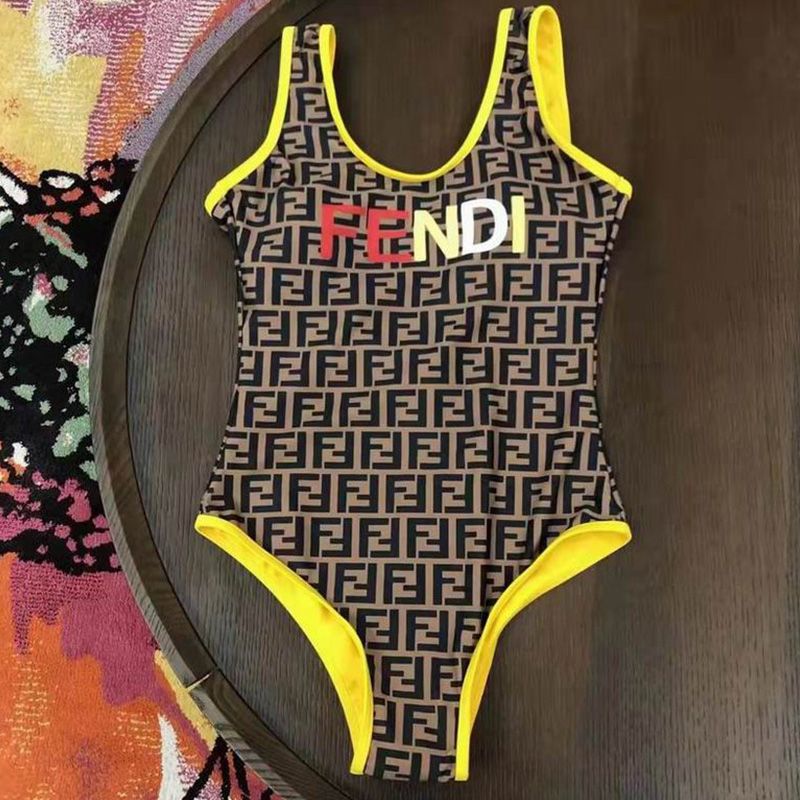 Affordable Fendi Swimsuit Women Logo FF Motif Lycra Grey Yellow