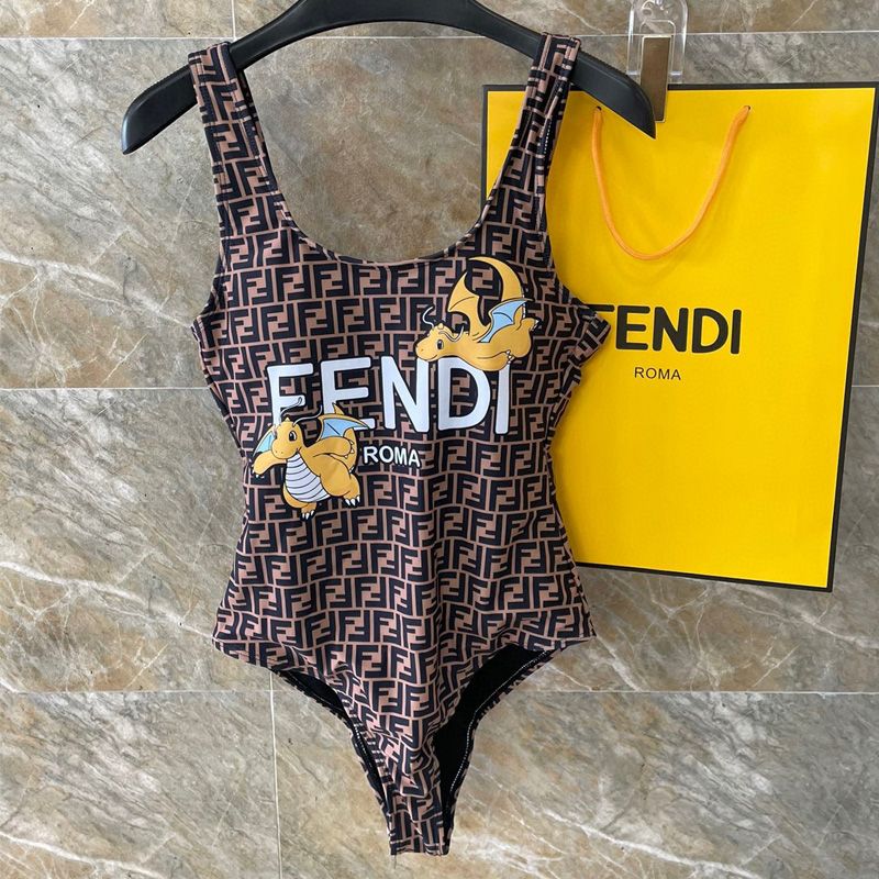 Affordable Fendi Swimsuit Women Pokmon Dragon FF Motif Lycra Brown Yellow