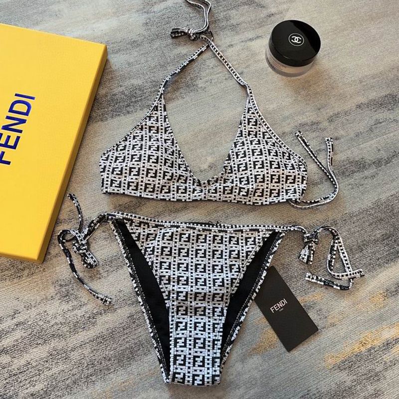 Affordable Fendi Triangle Bikini with Ties Women Jacquard FF Motif Lycra Black White