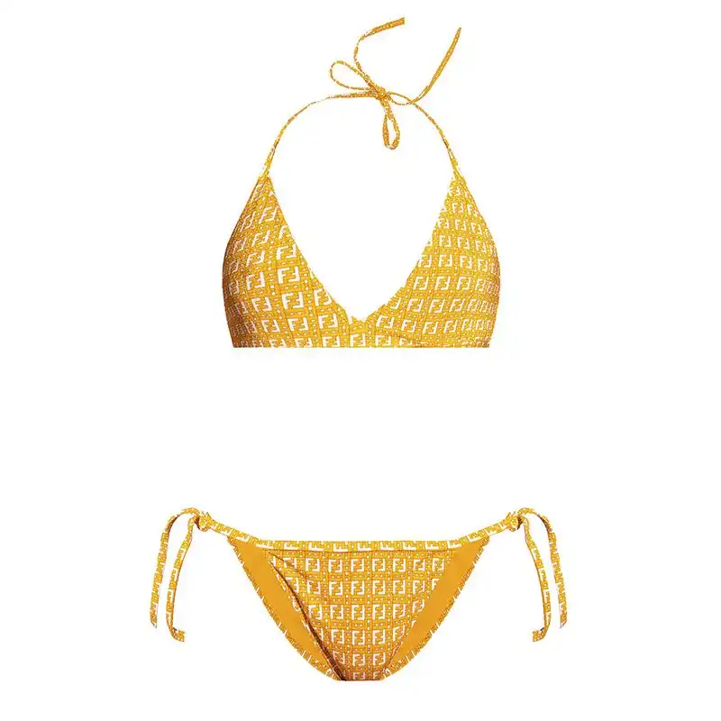 Cheap Fendi Triangle Bikini with Ties Women Jacquard FF Motif Lycra Yellow